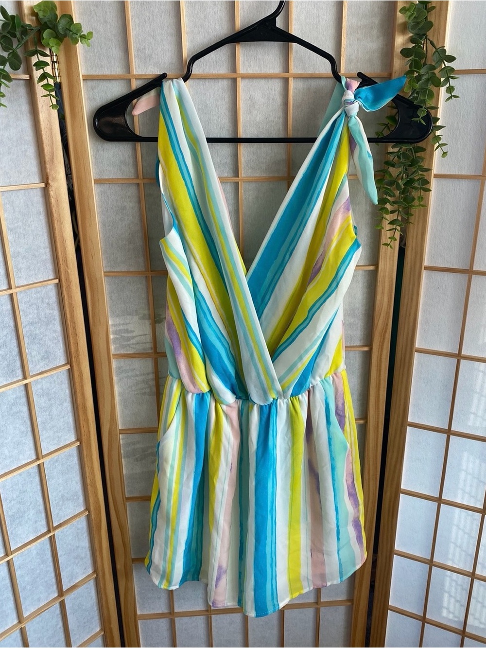 Striped Summer Romper in Aqua, Yellow & Pastel Stripes